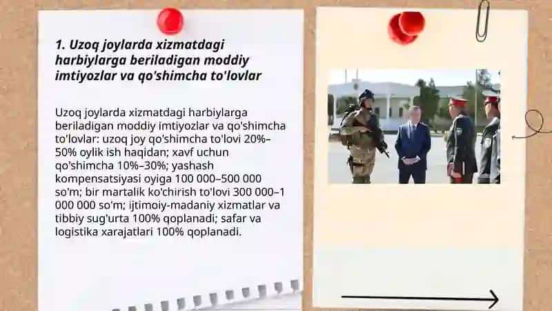 Uzoq joylarda hizmat uchun imtiyozlar harbiyla 3