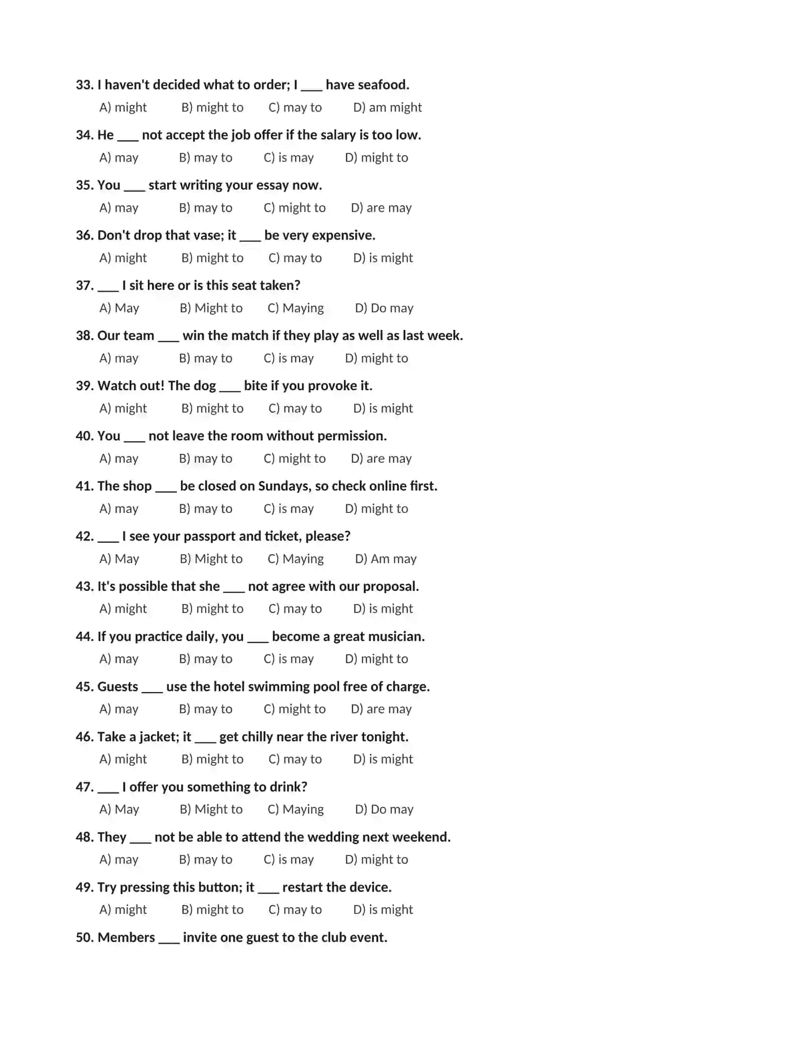 ENGLISH GRAMMAR TEST: MAY / MIGHT 100 ta ko'p tanlovli  test savollari va javoblar kaliti 3