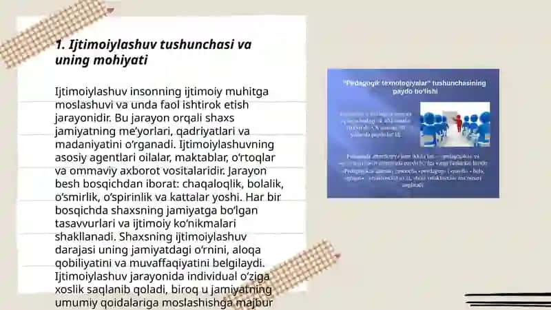 Ijtimoiylashuv ijtimoiy pedagogik hodisa sifatida. Ijtimoiy pedagogik faoliyatda texnologiyalar. 3