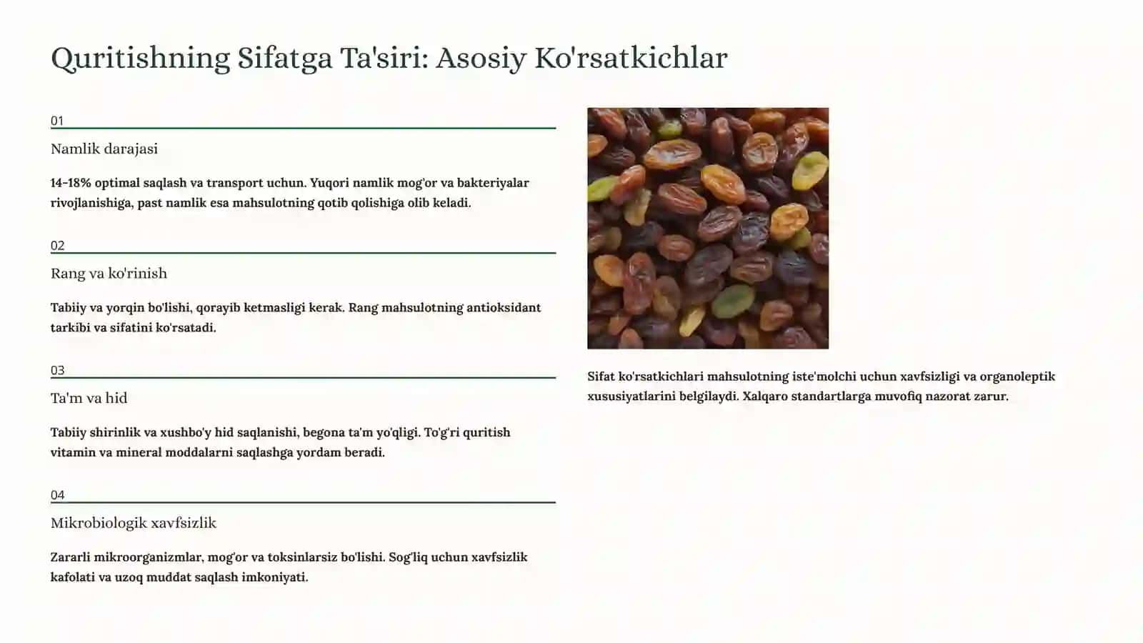 Uzumdan Tayyorlanadigan Quritilgan Mahsulotlar va Sifat Ko'rsatkichlari 3