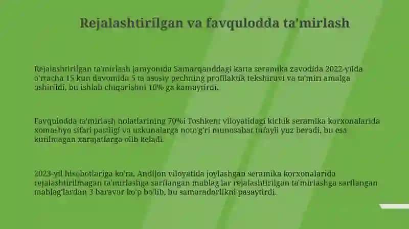 Keramik buyumlar ishlab chiqarish korxonalarida ta'mirlash 3