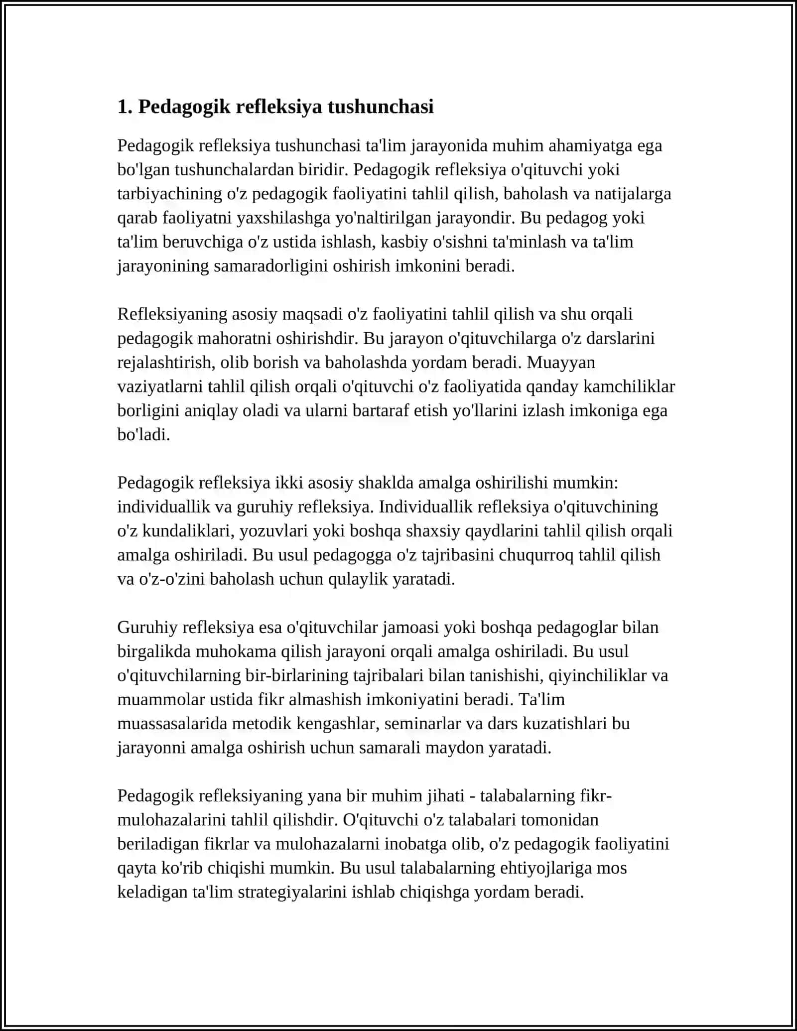 O'QITUVCHINING KASBIY PEDAGOGIK REFLEKSIYA ASOSIDA O'Z PEDAGOGIK MAHORATI IMKONIYATLARINI TAKOMILLASHTIRISHI 3