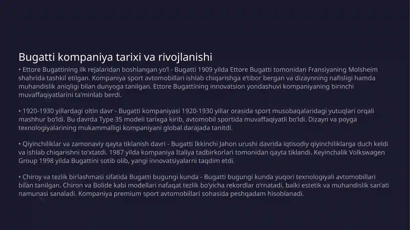 Bugatti kompaniya tarixi va rivojlanishi 3
