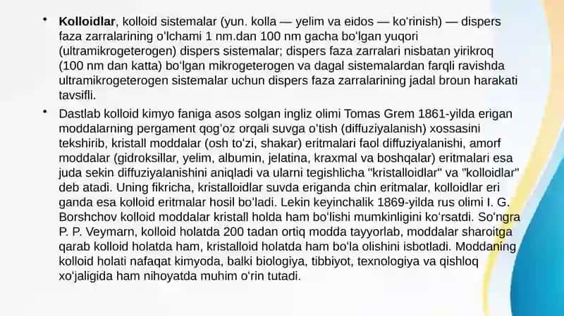 Kolloid sisitemalarni dializ yo’li bilan tozalash. Gemodializni o’tkazishda kimyoning ahamiyati. 3