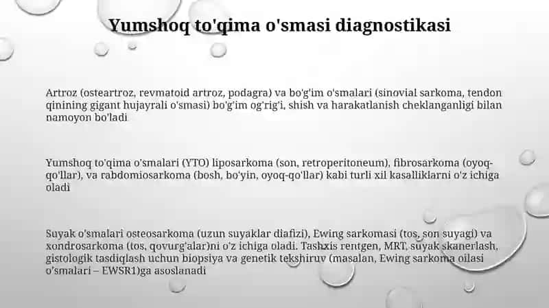 Suyak o'smalari.Artritlar va artrozlar.Bo'g'im o'smalari.Yumshoq to'qimalar o'smalari 3