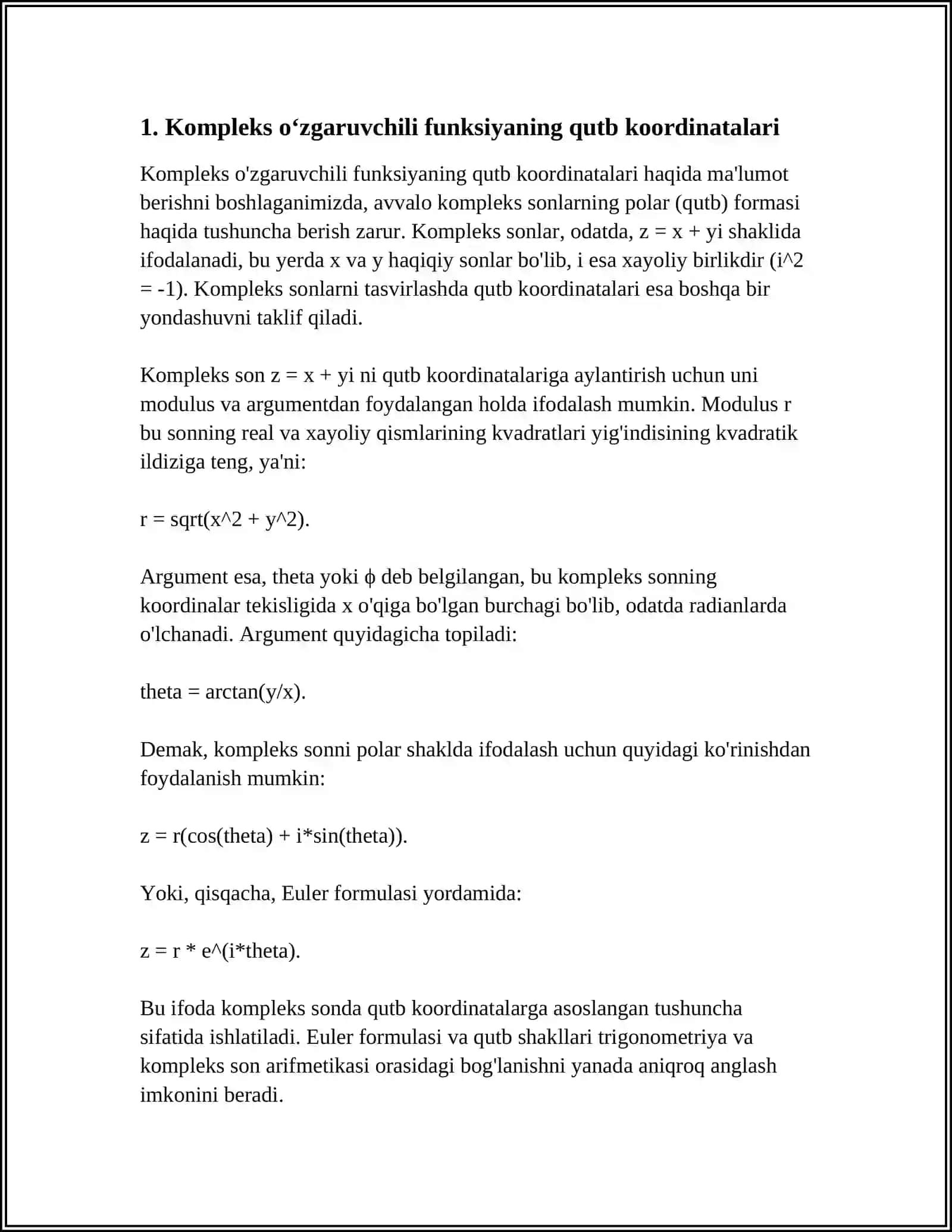 Kompleks o'zgaruvchili funksiyaning qutb koordinata sistemadagi hosilasi va uning xossalari 3
