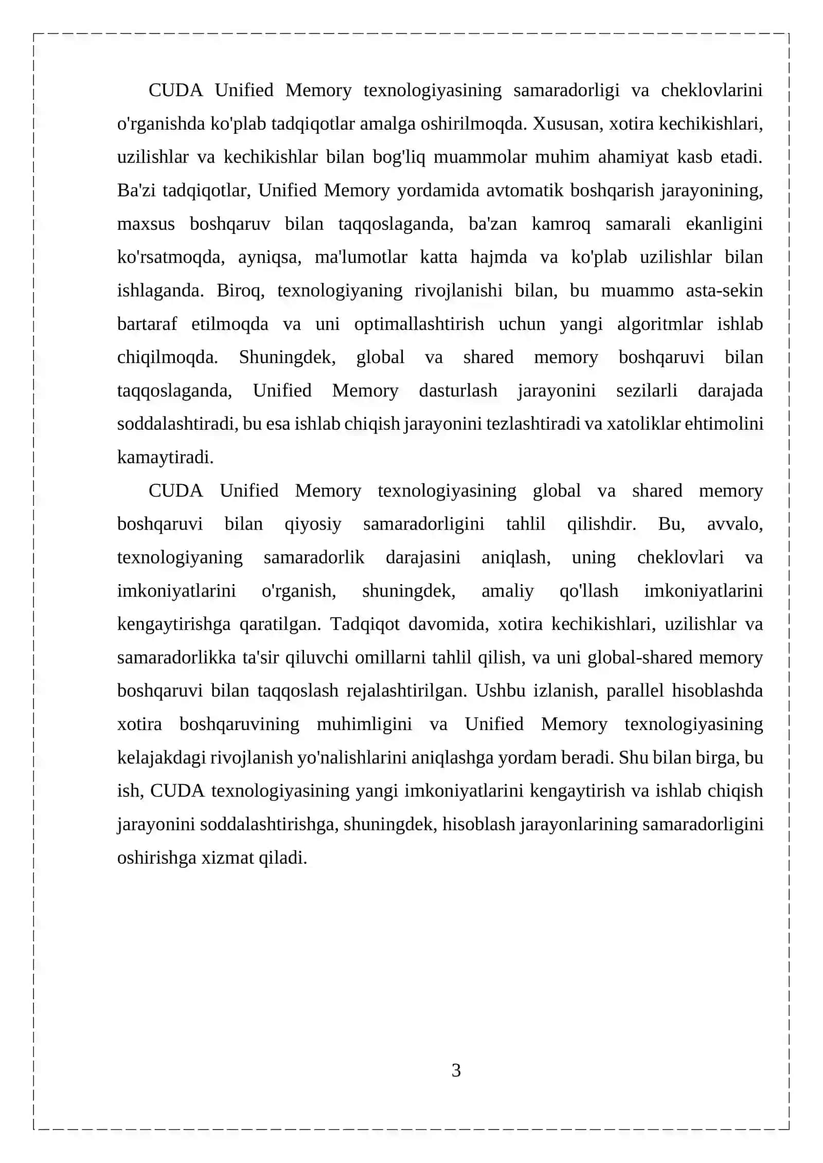 CUDA UNIFIED MEMORY TEXNOLOGIYASINING GLOBAL VA SHARED MEMORY BOSHQARUVI BILAN QIYOSIY SAMARADORLIK TAHLILI 3