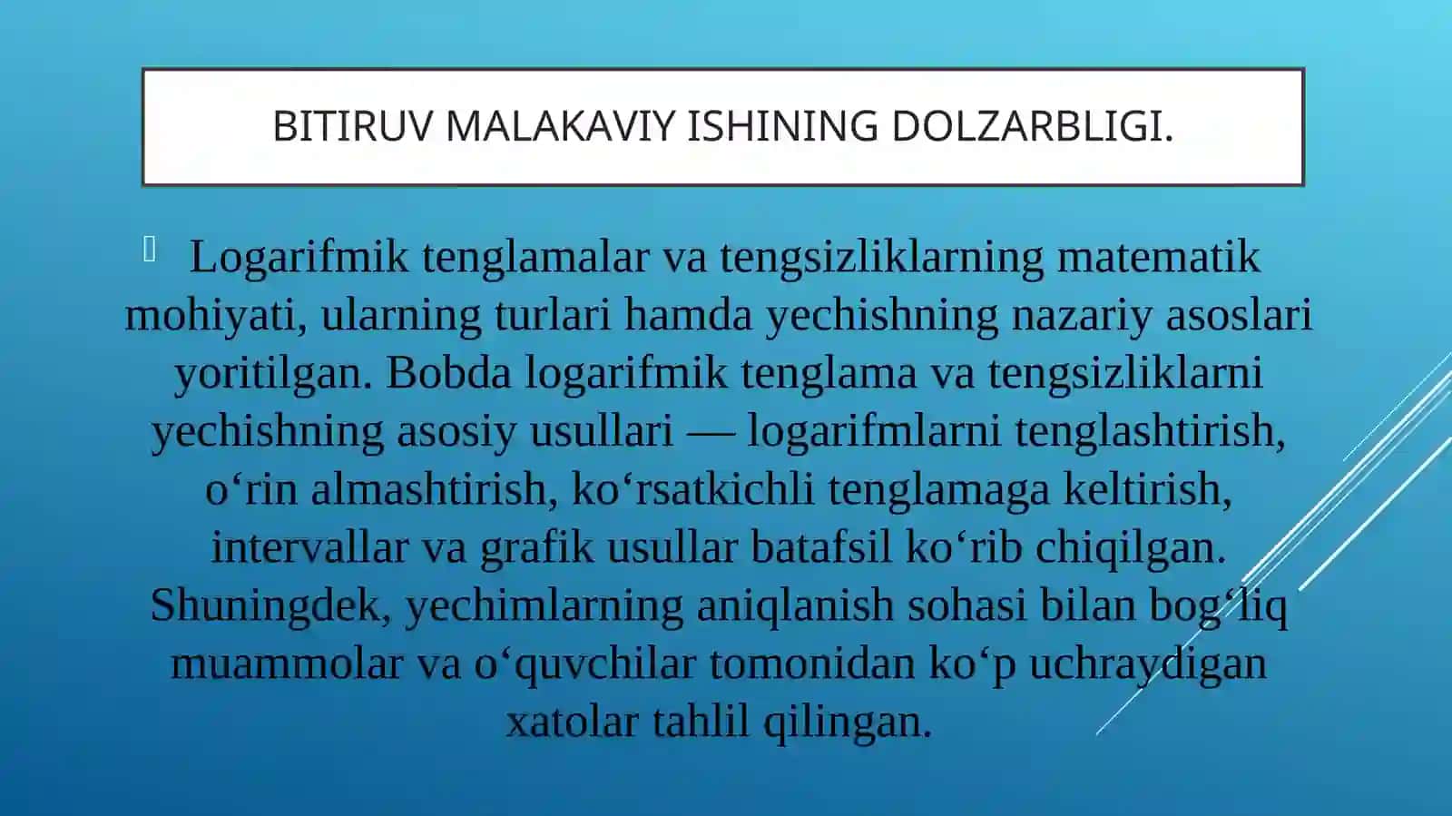 Logarifmik tenglamalar va tengsizliklar sistemasi hamda ularni yechish usullari 3