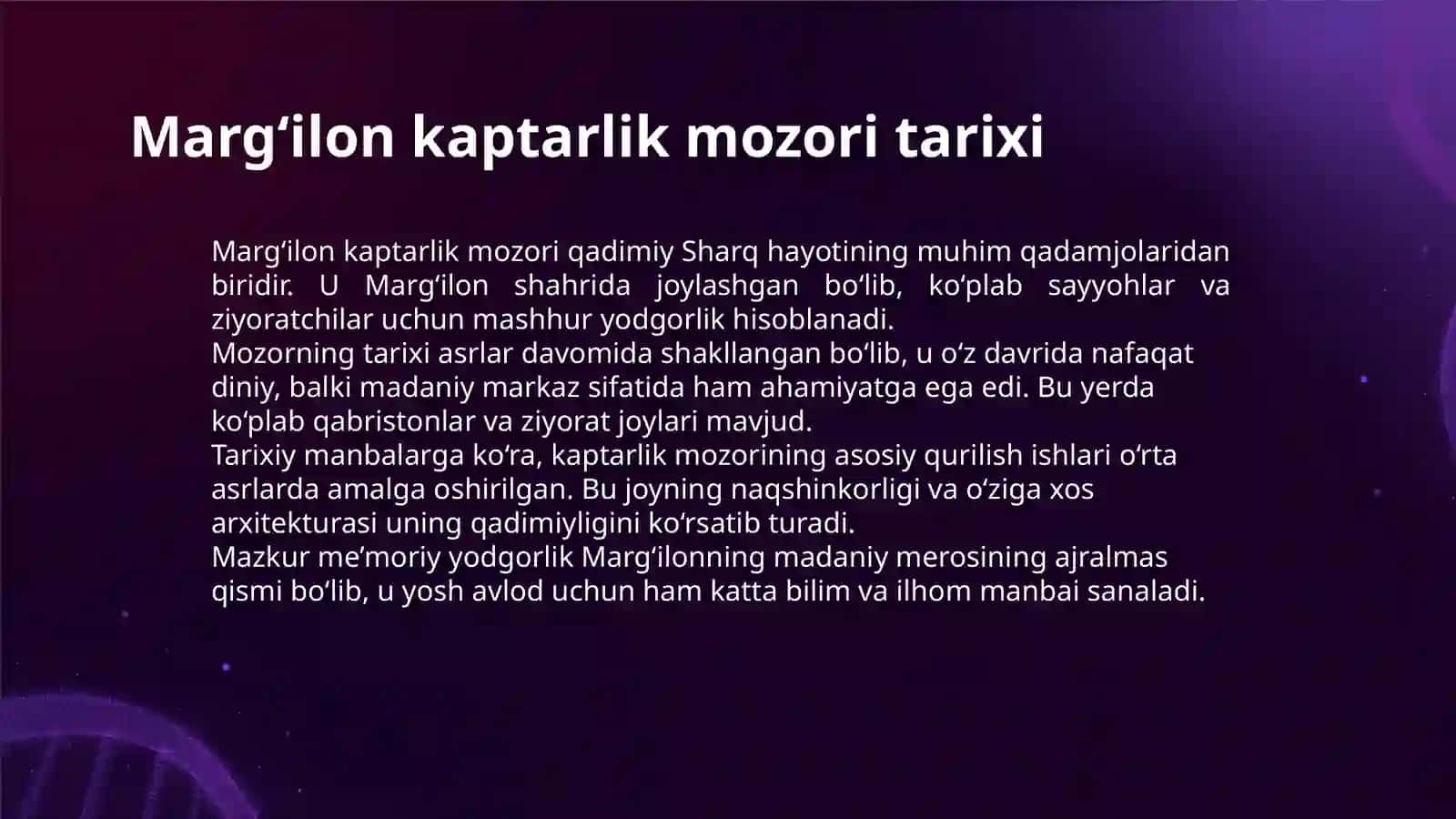 MEN YASHAYDIGAN JOYDA MUHTASHAM QADAMJO. "MARG‘ILON KAPTARLIK MOZORI" 3