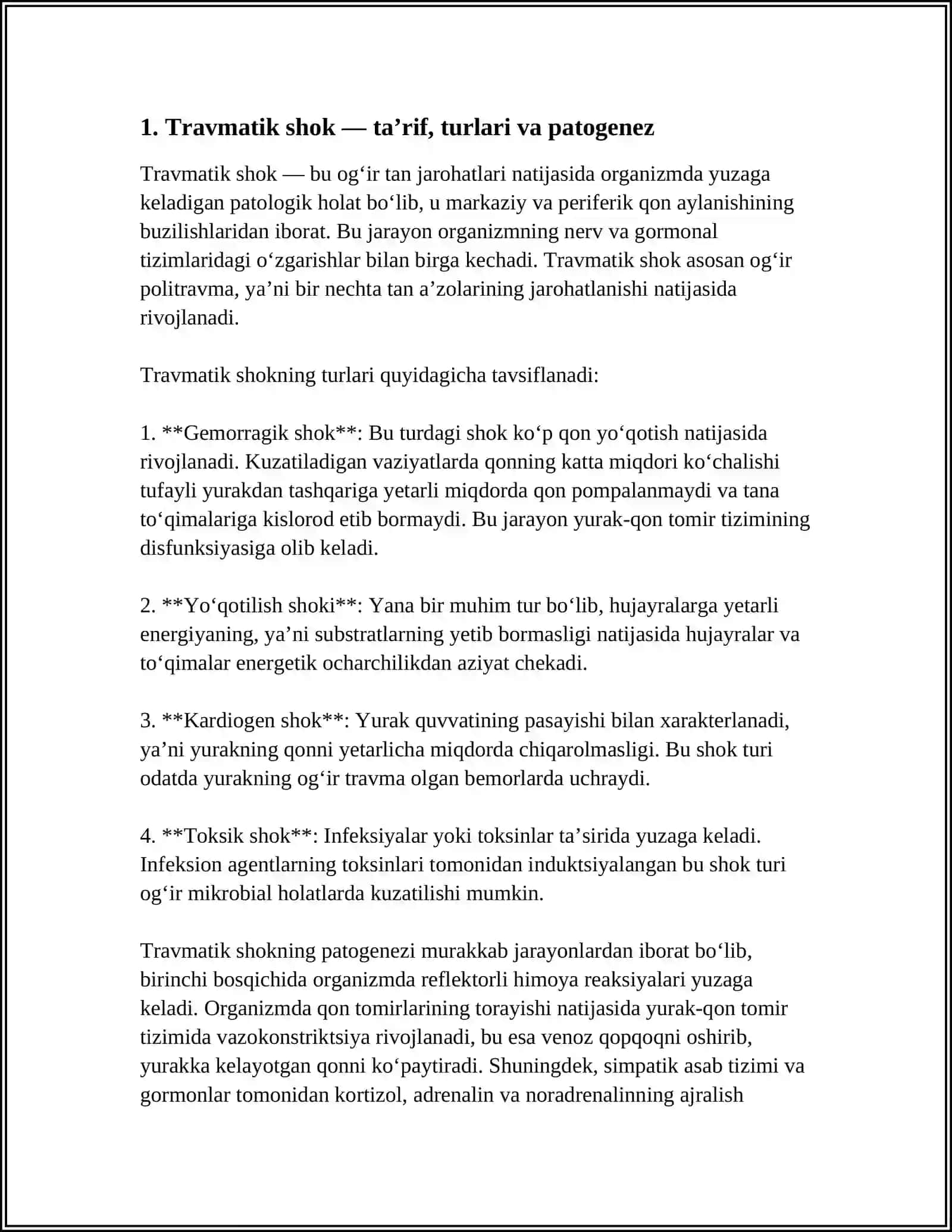 TRAVMATIK SHOK. POLITRAVMA. OCHIQ SINISHLAR. TRAVMA ASORATLARI 3