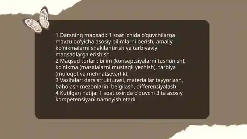 Darsni tashkil qilishga tayyorgarlik.1 soatlik dars reja kanspektini tayyorlash 3