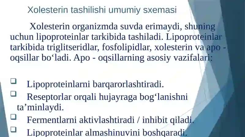 Biokimyo - Xolesterin tashilishida APO-oqsillari, yog' bosishi. Sfingolipidozlar 3