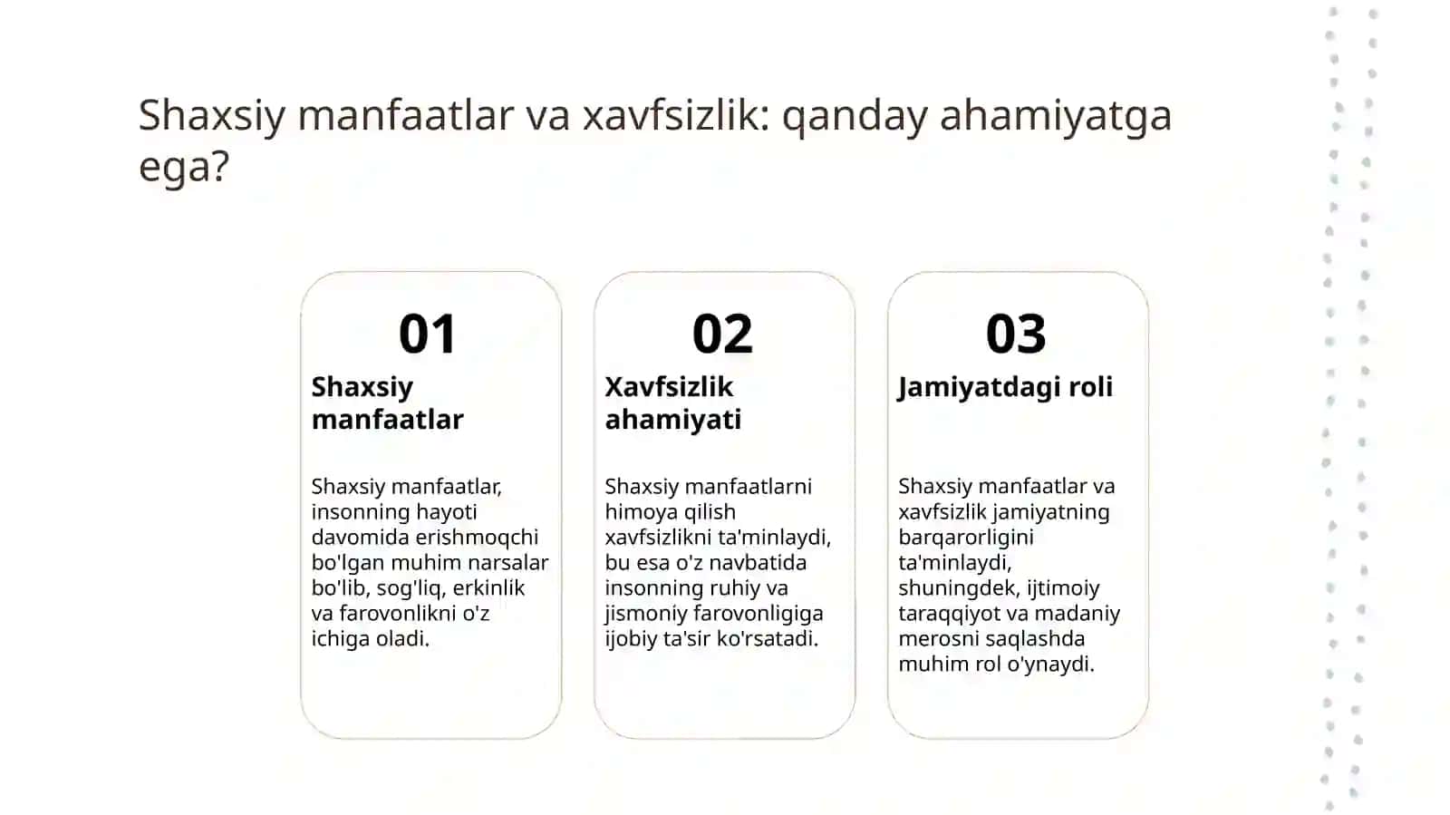 Shaxsning hayotiy muhim manfaatlari va uning xavsizligiga tahdidlar 3