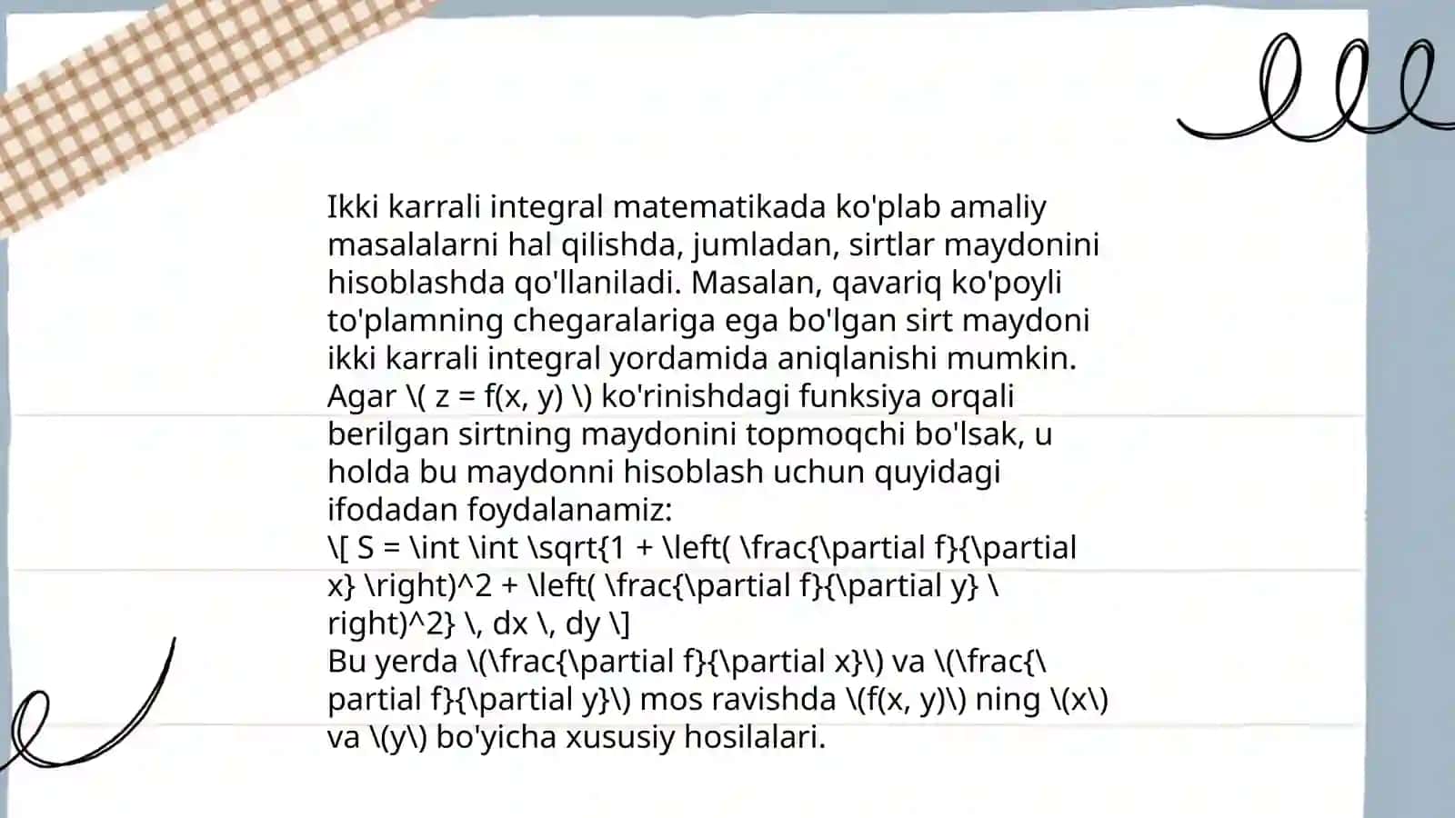 Ikki karrali integralning ba'zi tadbiqlariga doir misollar 3