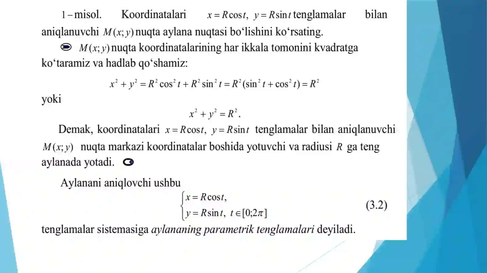 Ikkinchi tartibli egri chiziqlar .Aylana .Ellips, Giperbola Parabola 3