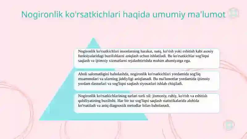 Nogironlik ko'rsatkichlari va ularni hisoblash usullari. Aholi salomatligini baholashda nogironlik ko`rsatkichlarining o'rni 3