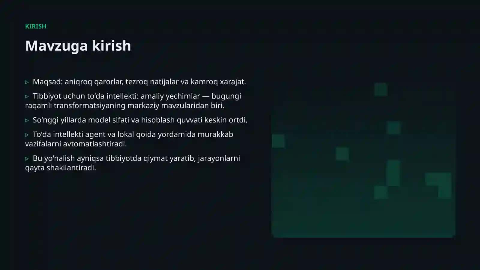 Tibbiyot uchun toʻda intellekti: amaliy yechimlar 3