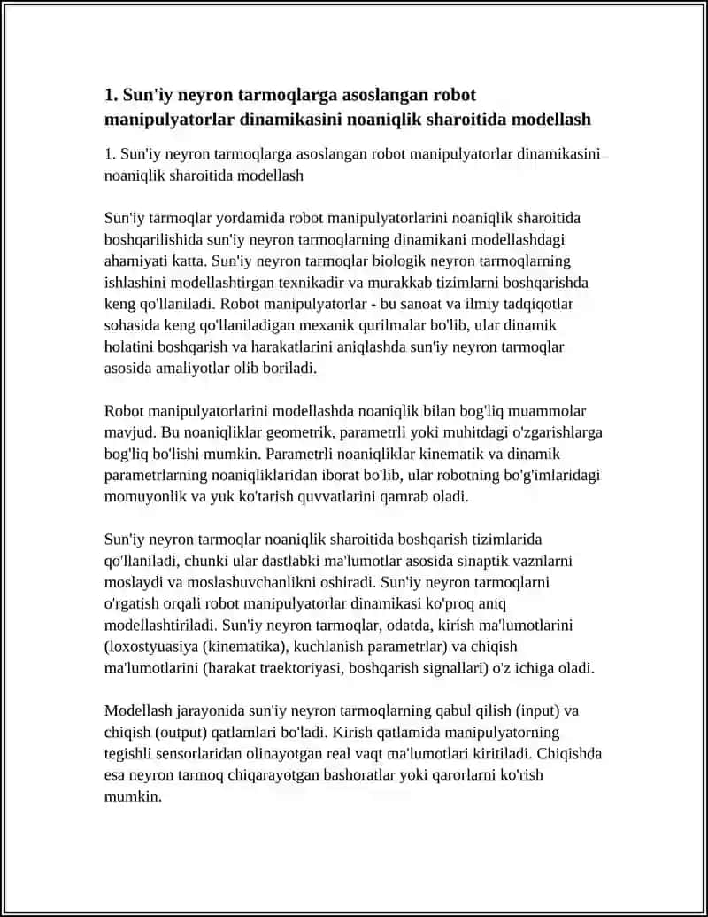 SUNIY TARMOQLAR YORDAMIDA ROBOT MANIPULYATORLARINING NOANIQLIK SHAROITIDA BOSHQARILISHINI MODELLASHTIRISH 3