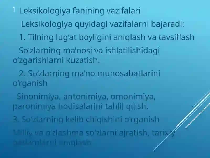Leksikalogiya, So’zlarning to’g’ri va ko’chma manosi omonim, sinonim antonim paronim so’zlar.So’z va atama til va terminalogiya 3