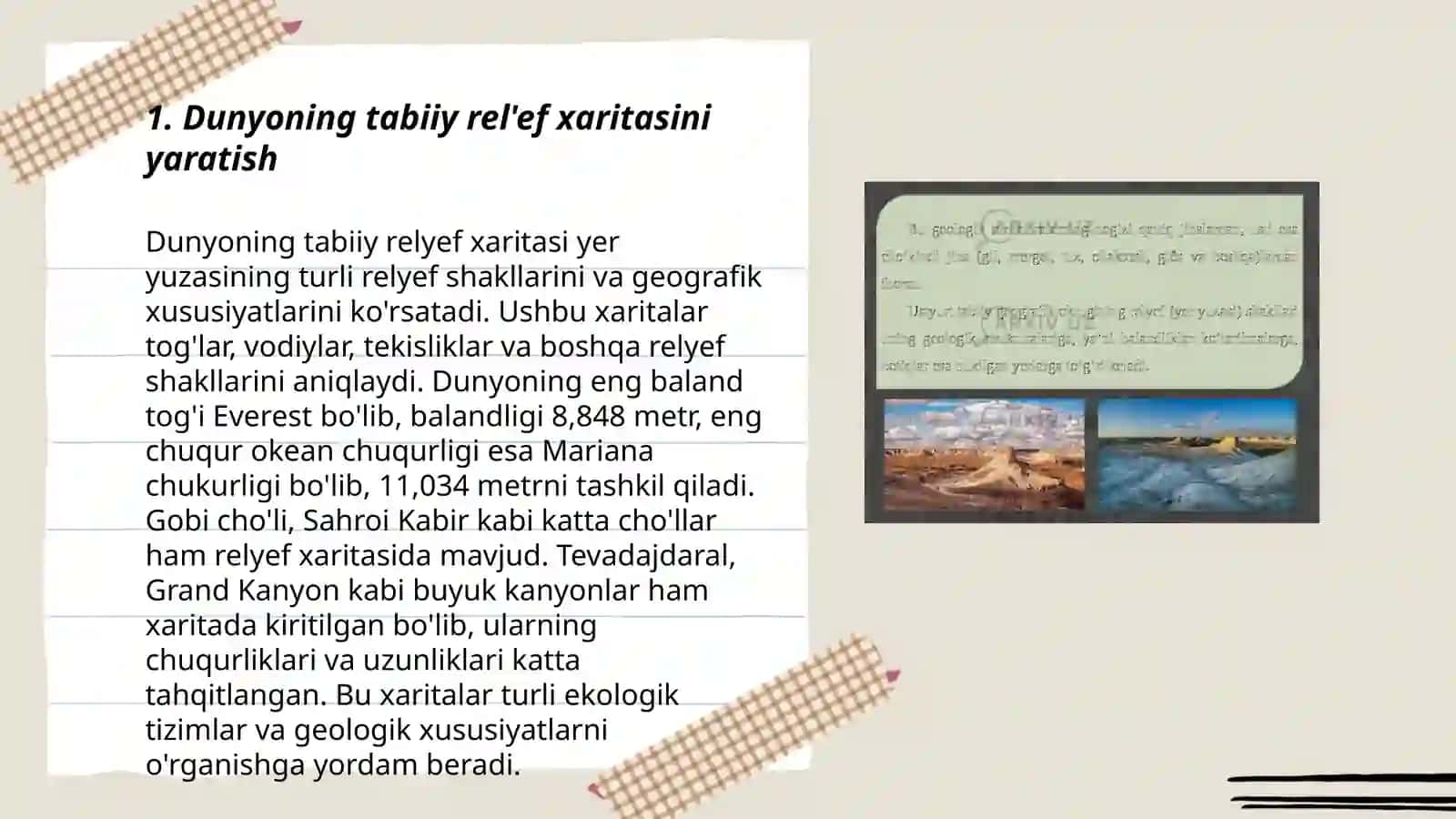 Dunyoning tabiiy xaritasini ishlash, yirik geografik obyektlarini xaritaga tushirish va uning tavsifi 3