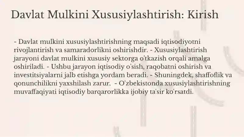 Davlat Mulkini Xususiylashtirish: Kirish 3