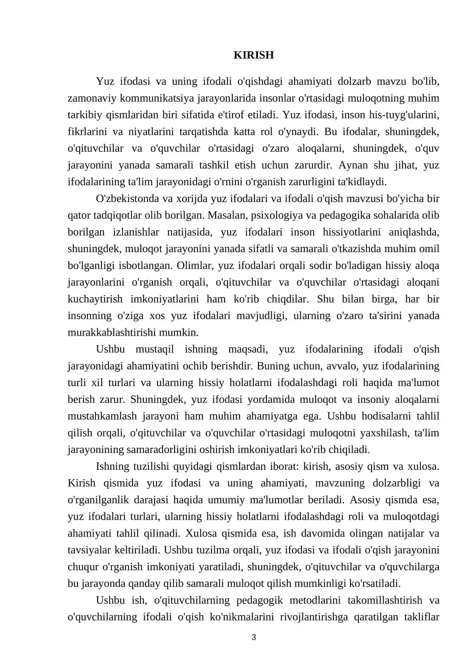 Ifodali oʻqishda yuz ifodasi mavzusida tezis yozib berKengroq batafsil toʻliq qilib yozib ber anotatsiya kirish soʻz kirish qismi asosiy qismi xulosa qismalri bilan 3