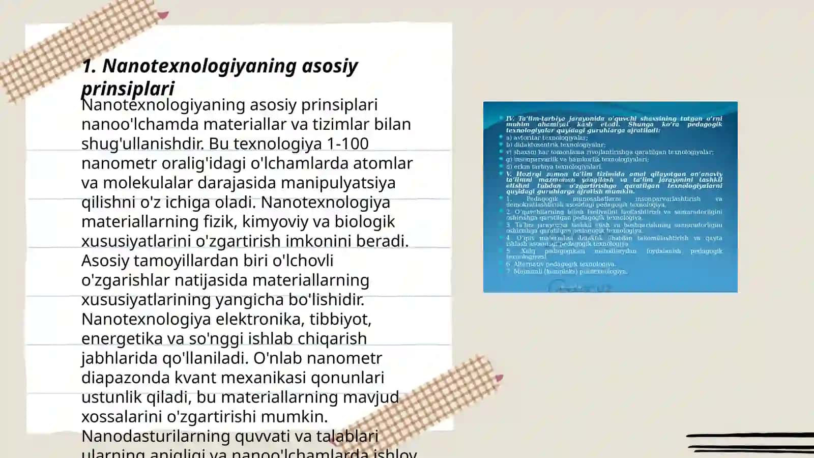 Nanotexnologiya.Nanotexnologiya asosida erishilgan yutuqlar.Nanotexnologiyada 0.1-100 NM o'lchamdagi nanozarrachalarni o'rganish hamda ishlab chiqarish jarayonining boshqarilishi 3