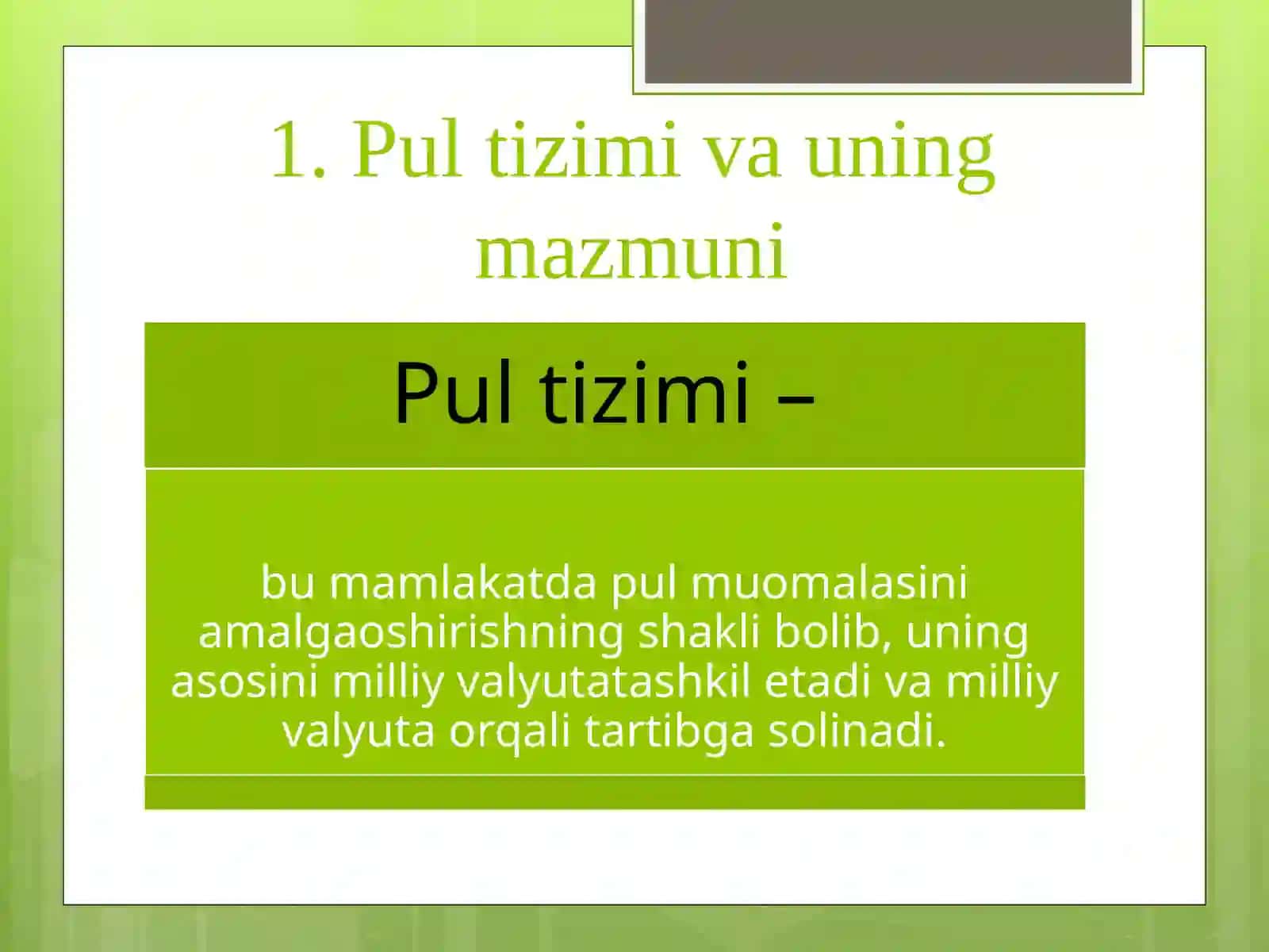Pul tizimi: mazmuni, turlari va elementlari. O’zbekiston Respublikasi pul tizimi va uning elementlari 3