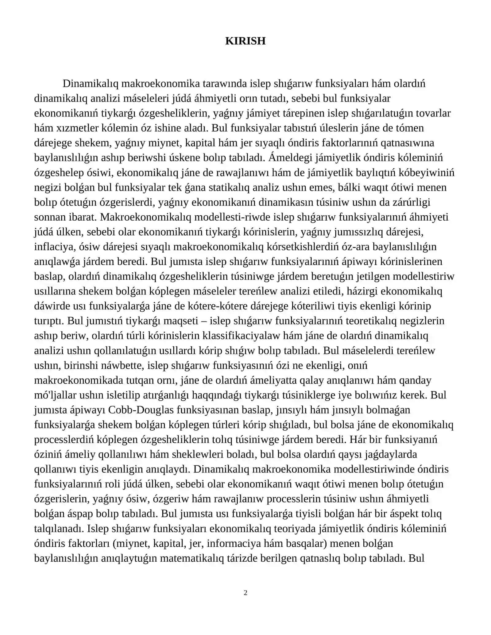 Islep shıǵarıw funkciyaları hám olardıń dinamikalıq analizi 3