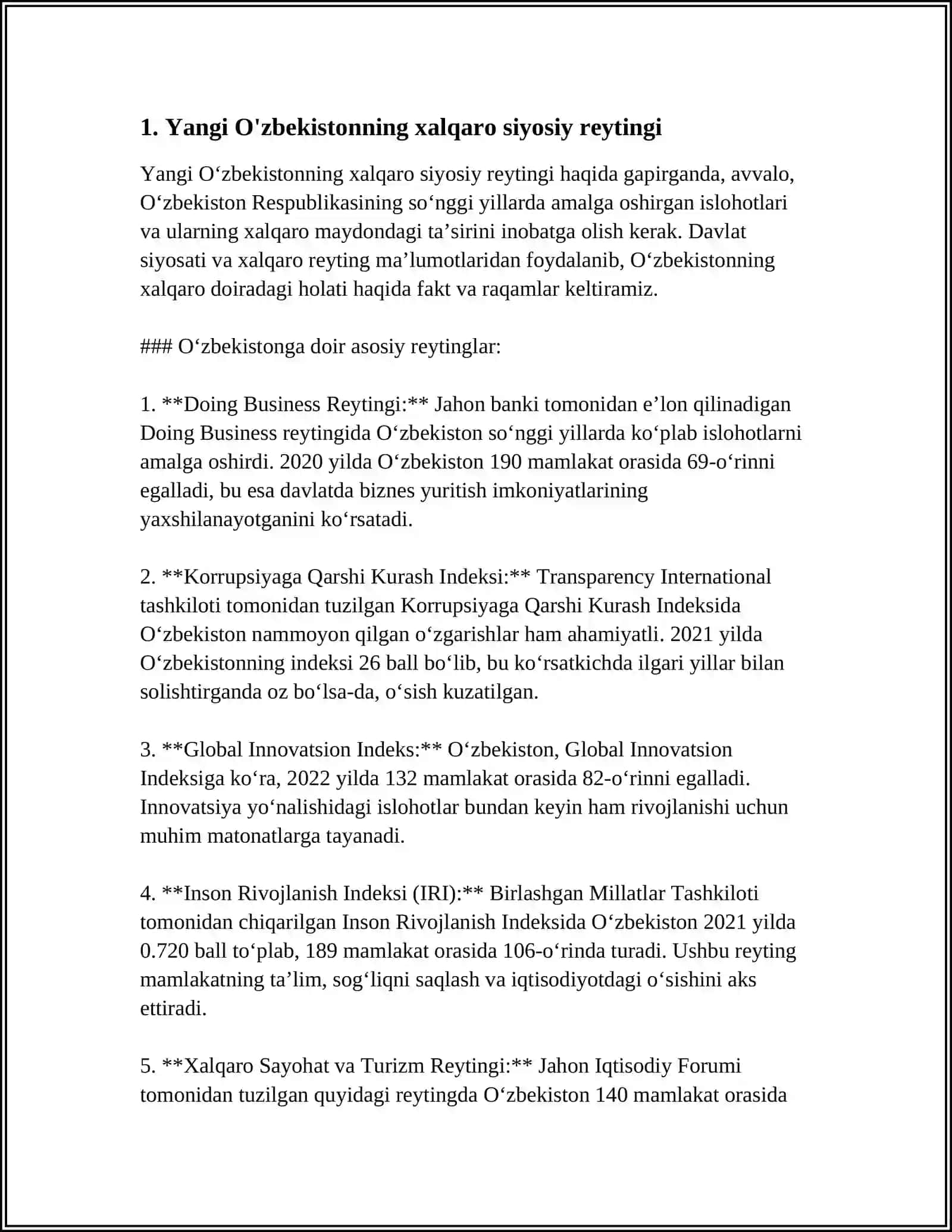 YANGI O'ZBEKISTON IJTIMOIY SIYOSIY IQTISODIY MADANIY HAYOTIDA RO'Y BERAYOTGAN O'ZGARISHLARINI XALQARO REYTING BILAN HAMKORLIK ALOQALARI 3