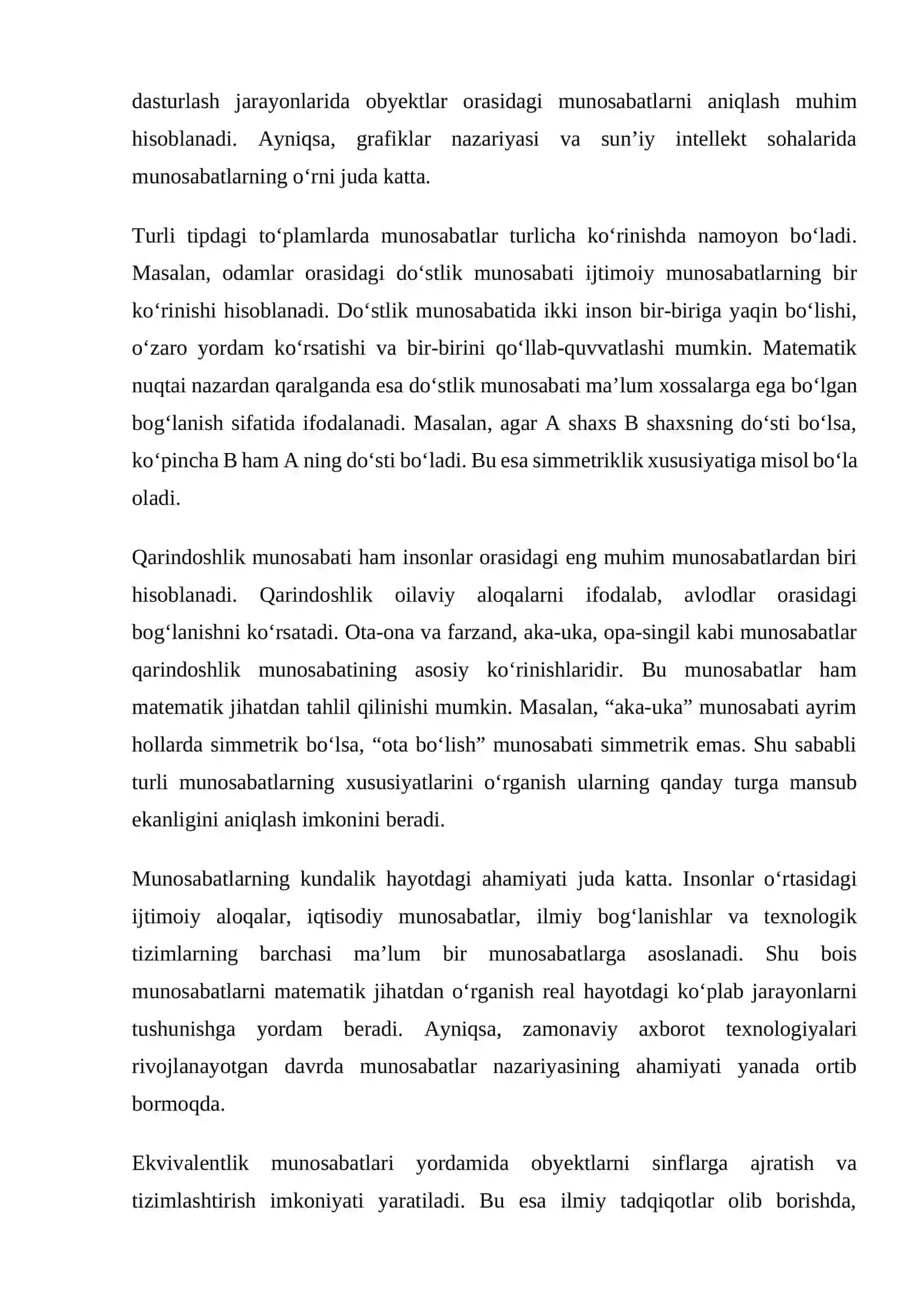 Ekvivalentlik munosabati. Turli tipdagi to‘plamlarda munosabatlar (do’stlik munosabati, qarindoshlik munosabati). 3