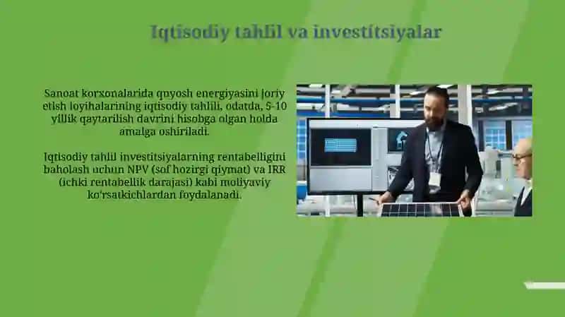 Quyosh energiyasini sanoat ishlab chiqarish jarayonlariga integratsiya qilish 3