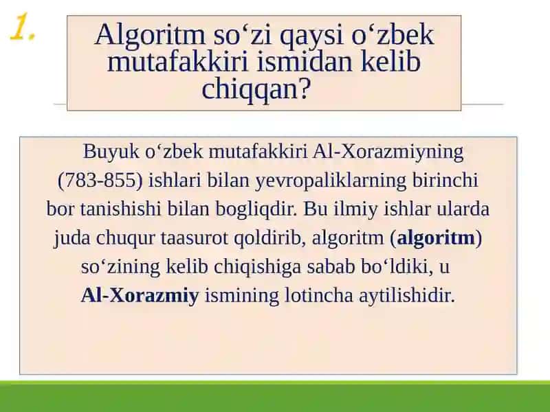 Algoritm, algoritmning berilish usullari, xossalari va turlari 3