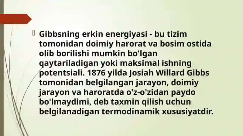 Gibbs energiyasi. Joul-Tomson effekti. Molekulalarning erkin yugurish yo’li. Diffuziya. 3