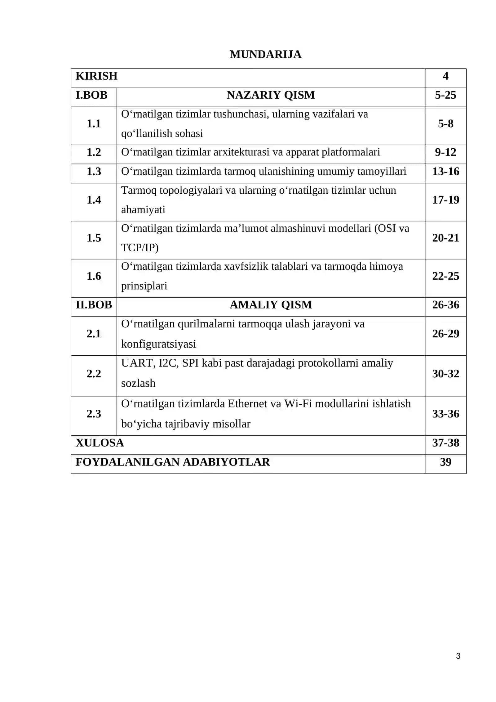 O‘RNATILGAN TIZIMLAR TARMOQLAR VA PROTOKOLLAR KURS ISHI ISHIGA HISOBOT YOZUVI 3