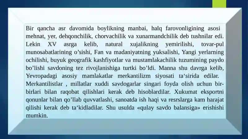 IJTIMOIY IQTISODIY BILIMLARNING SHAKLLANISHI VA RIVOJLANISHIDA MERKANTALISTLAR SIYOSATI 3