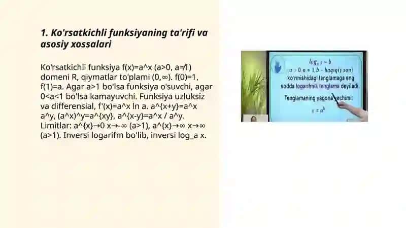 Ko'rsatkichli funksiya va tenglama. Logarifmik tenglama va tengsizliklar 3