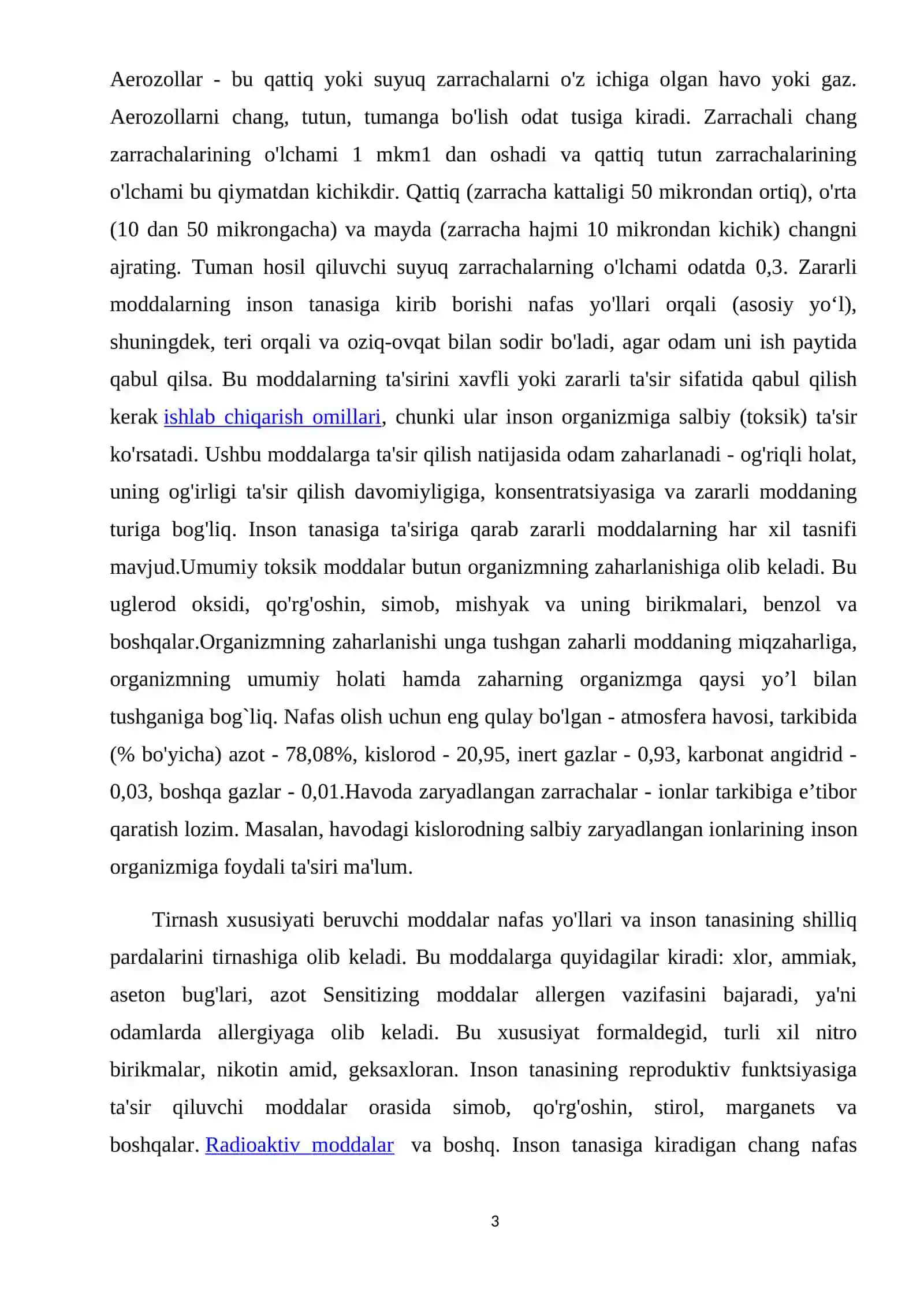 Ishlab chiqarish obyektlarida zararli va zaharli moddalarning konsentratsiyasini normallashtirish chora-tadbirlarini ishlab chiqish 3