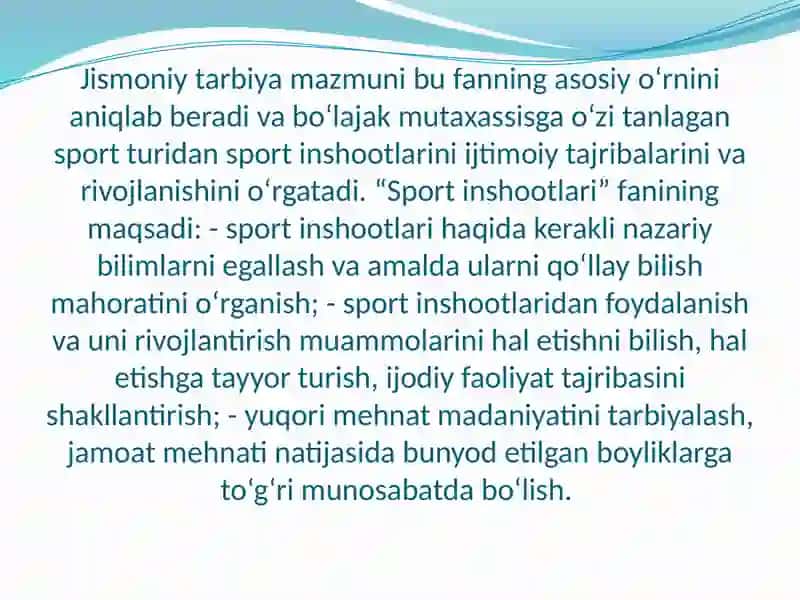 Sport inshootlarining davr talablari Sport inshootlari tavsifi va tasnifi. 3