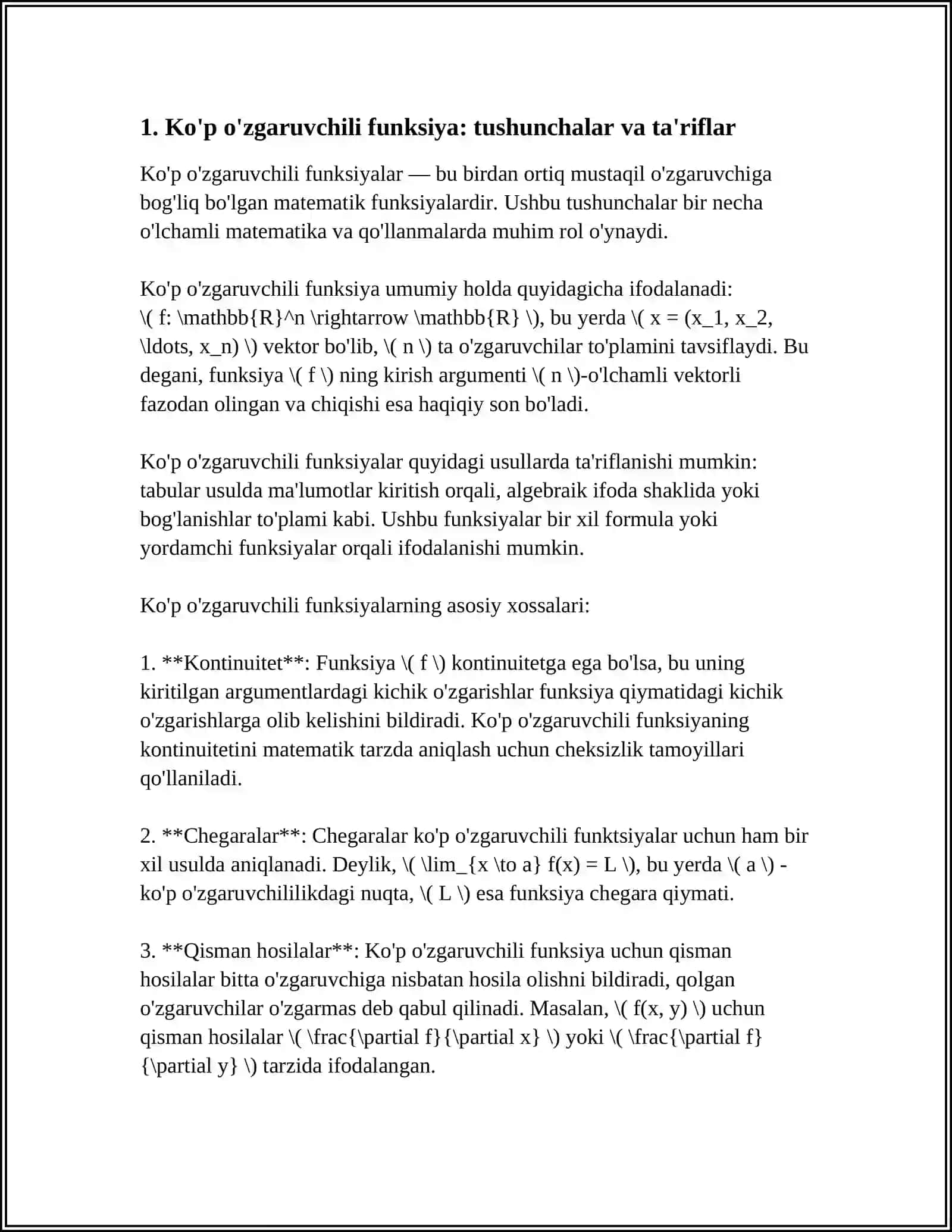 BIR VA KO'P O'ZGARUVCHILI FUNKSIYALAR VA ULARNING IQTISODIY JARAYONLARDAGI O'RNI. KOBB-DUGLAS FUNKSIYASINING IQTISODIY BOG'LIQLIGI 3