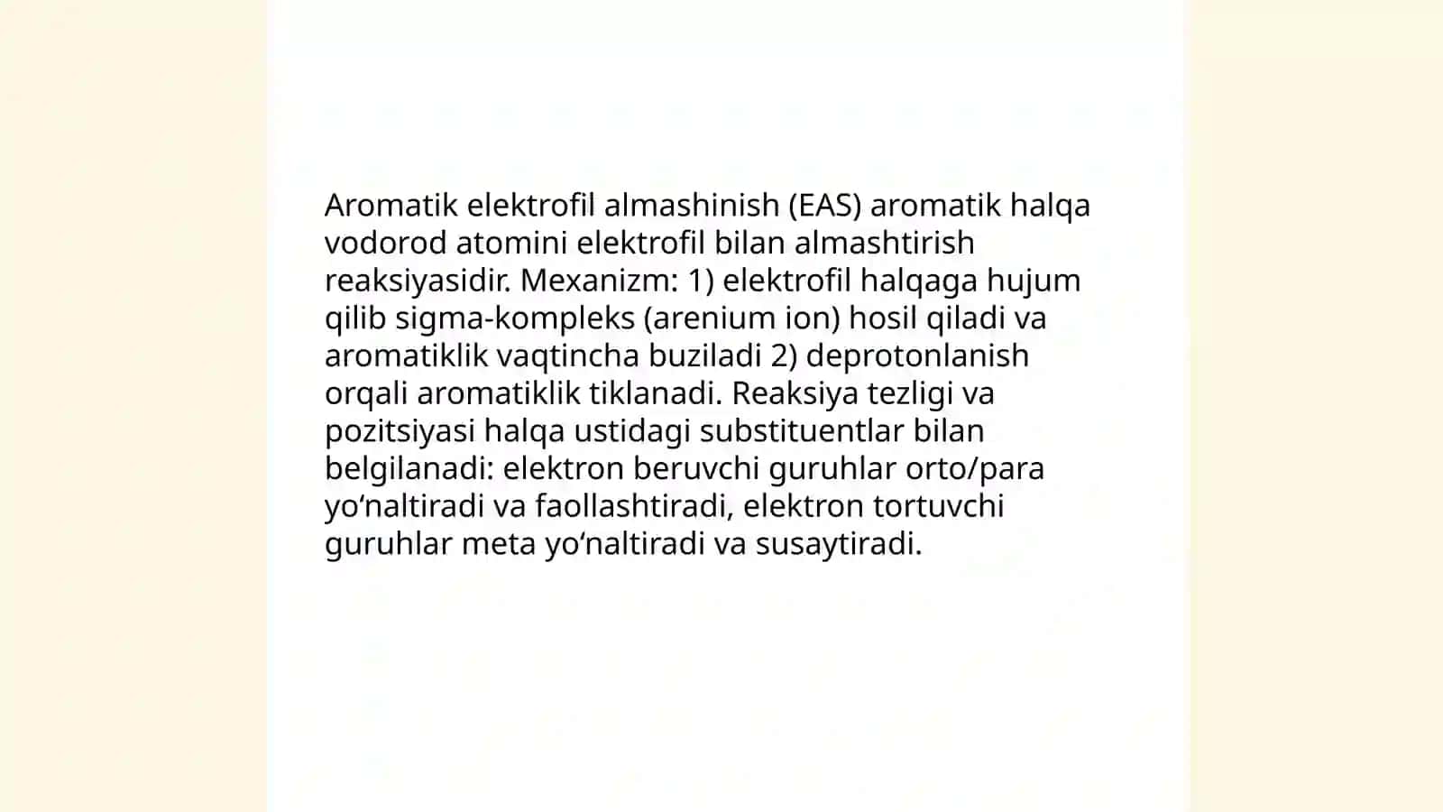Aromatik qatordagi elektrofil almashinish. Orientatsiya qoidalarini tushuntirish 3