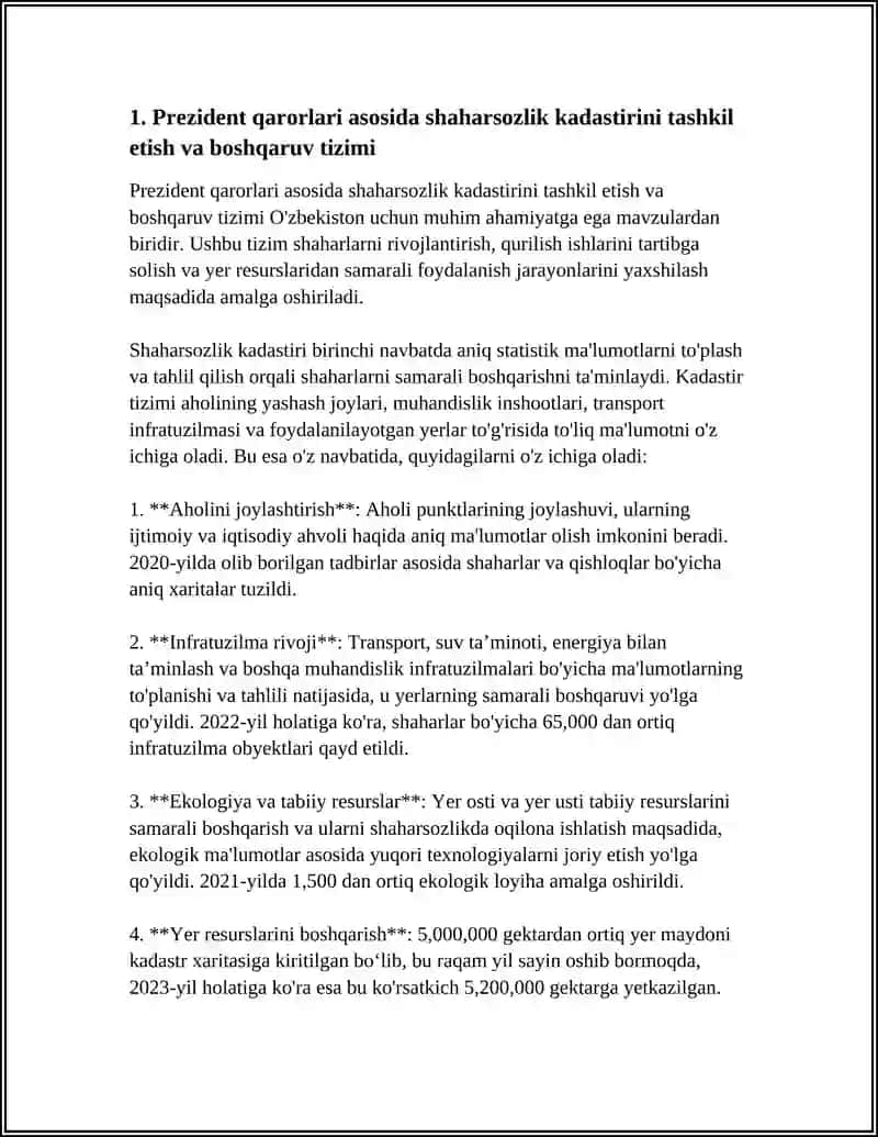 SHAHARSOZLIK KADASTIR VA GEOAXBOROT TIZIMI BO'YICHA PREZIDENT QARORLARI REFERAT 3