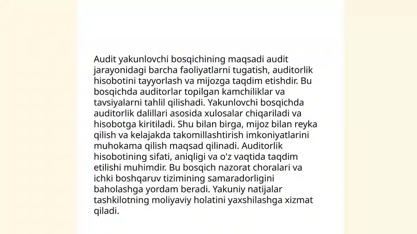 Audit tekshiruvining yakunlovchi bosqichi, audit hisoboti va xulosasi 3