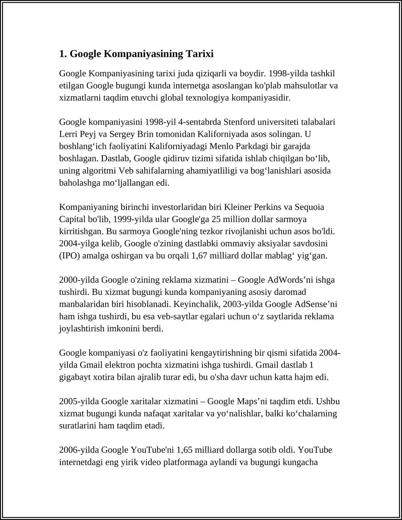 MUSTAQIL ISH Mavzu: GOOGLE KOMPANIYASI 3