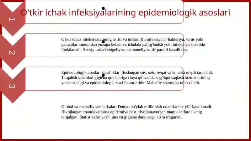 O'tkir ichak infeksiyalari, shigellyozlar, salmonellyoz, tif-paratif kasalliklarining epidemiologiyasi, profilaktikasi va epidemiyaga qarshi chora-tadbirlarni tashkillashtirishning o'ziga xosligi va moxiyati 3