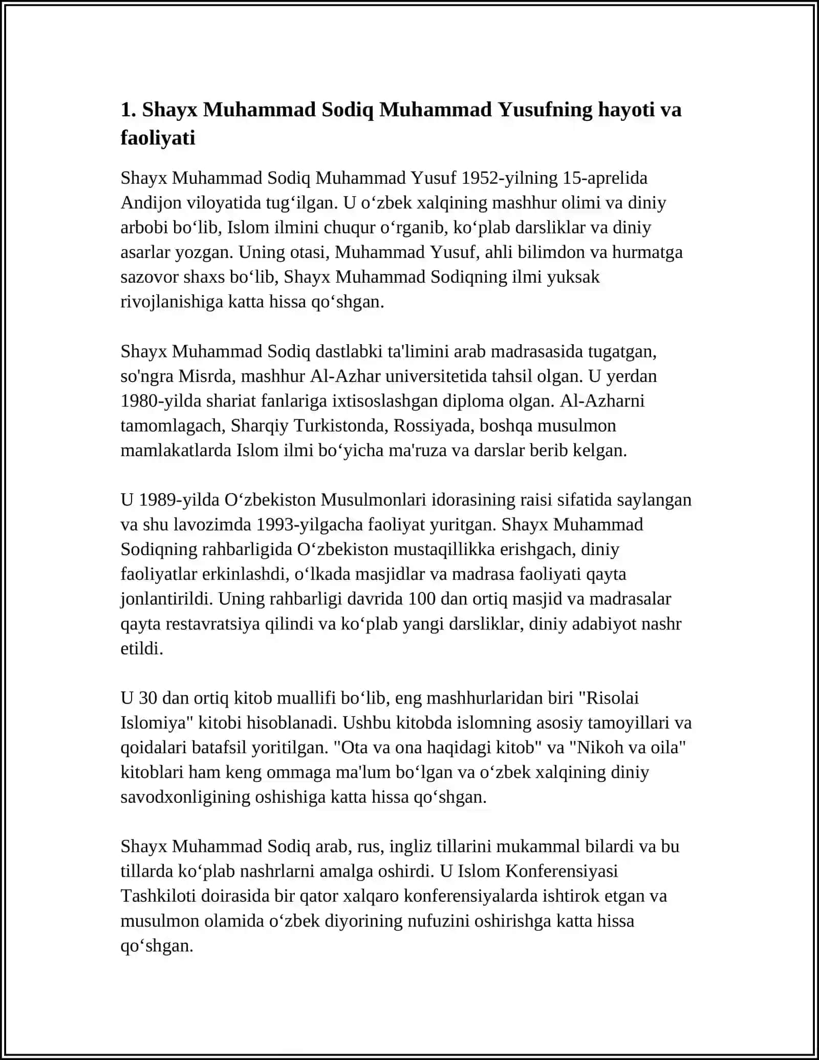 SHAYX MUHAMMAD SODIG MUHAMMAD YUSUFNING "BAXTIYOR OILA" ASARIDA ISLOM QADRIYATLARINING TALGIN ETILISHI REFERAT TAYYORLASH 3