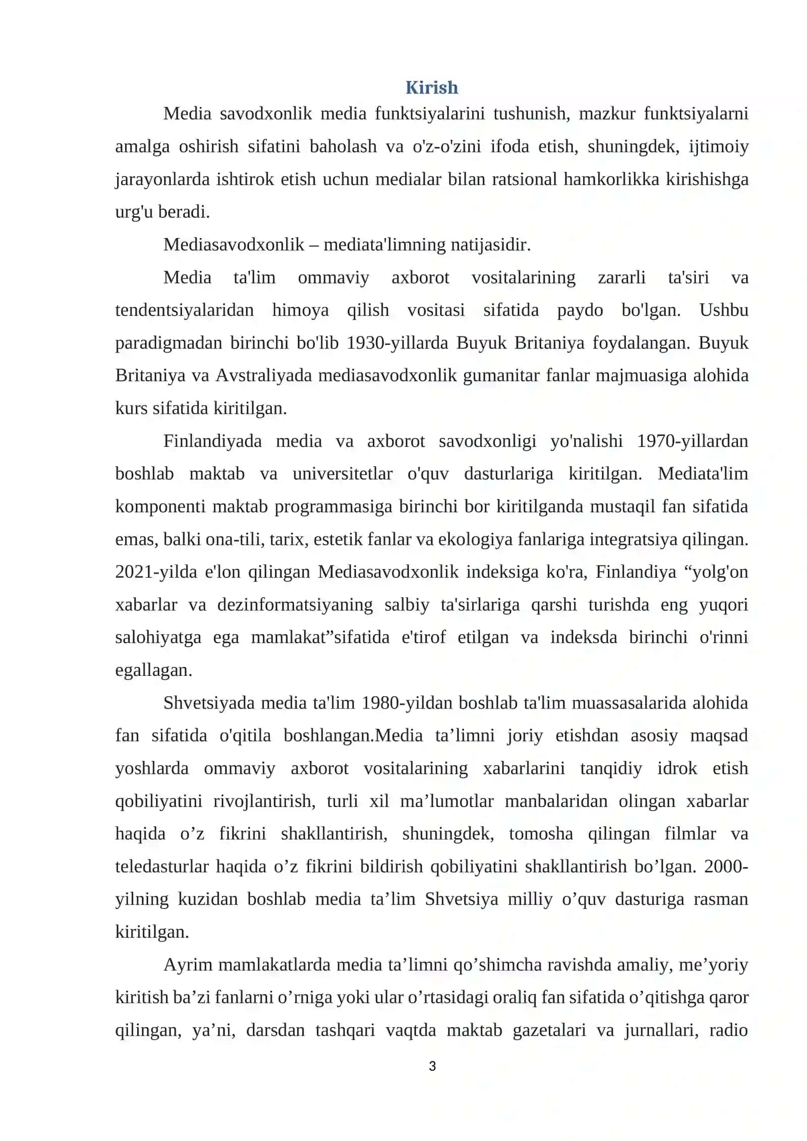 “Dunyo mamlakatlaridagi media va axborot savodxonligi taraqqiyoti" 3