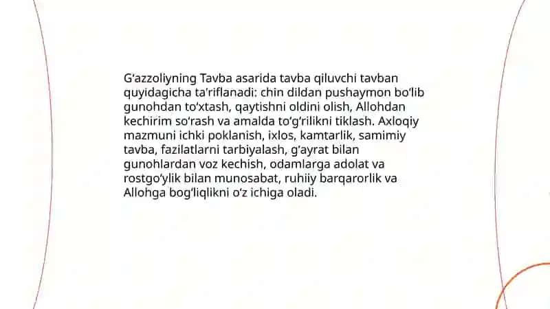 Gʻazzoliyning Tavba asari asosida “Din va axloq” 3
