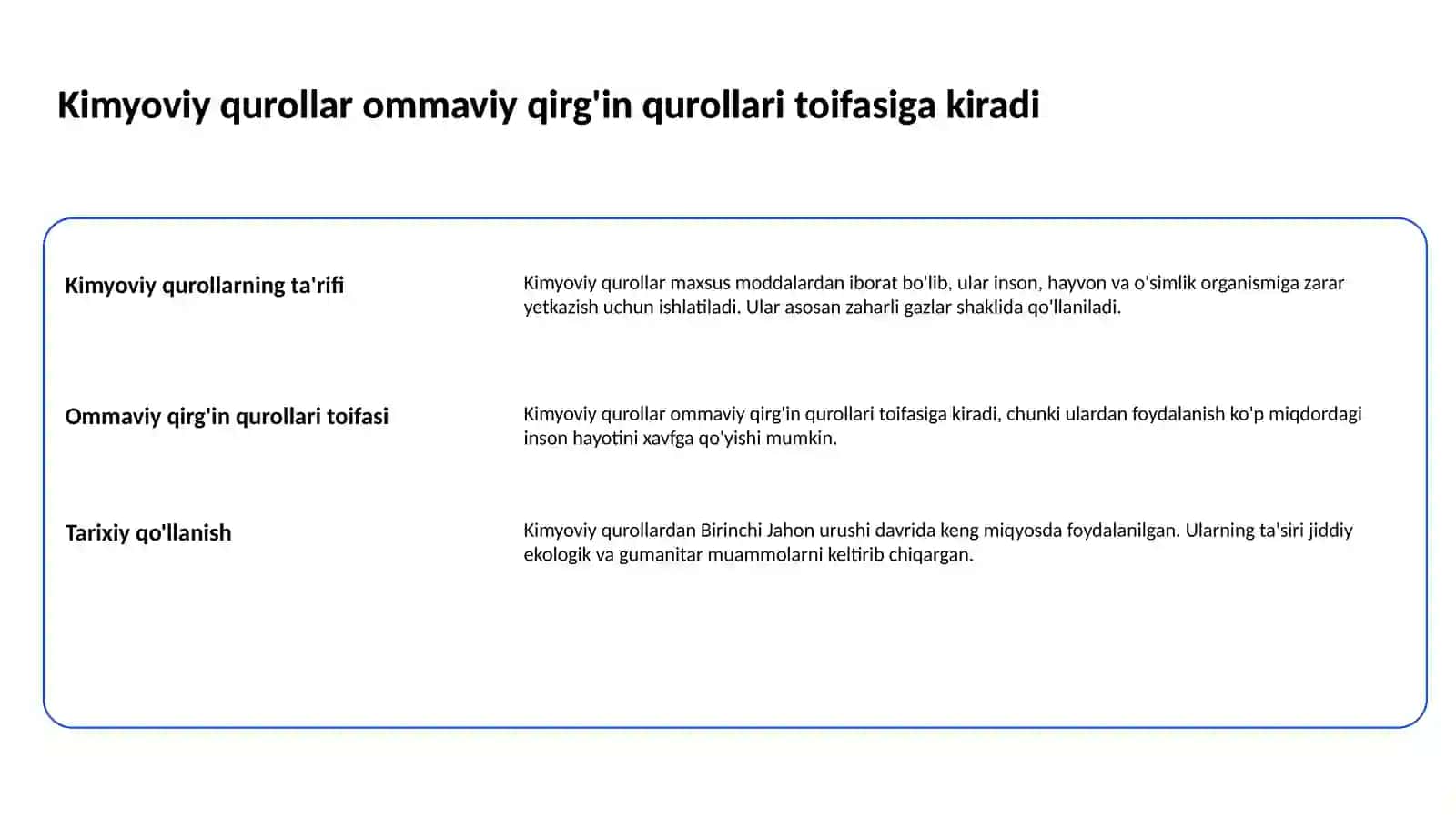 Kimyoviy qurollar Zaxarlimoddalarning tasnifi. Kimyoviy vaziyatnibaholash 3