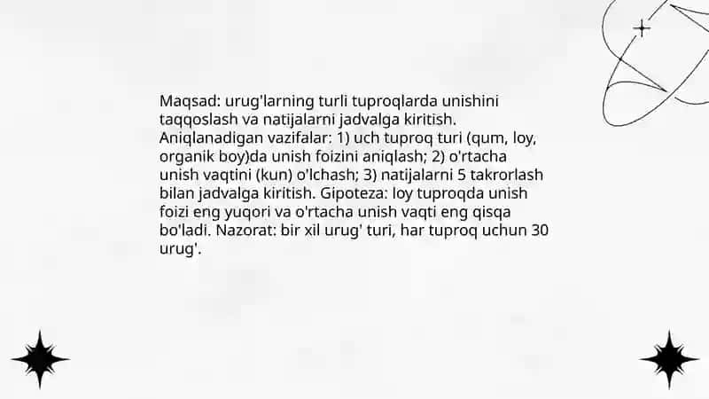 Urug'larning turli tuproqlarda unishini tajribada kuzatish va natijalarni jadvalga kiritish 3